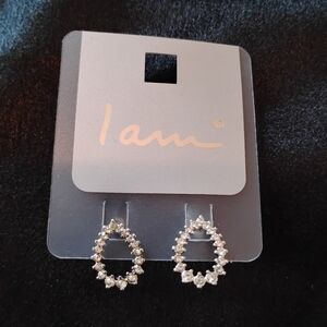 I Am Silver Tone Rhinestone Open Teardrop Stud Earrings NWOT